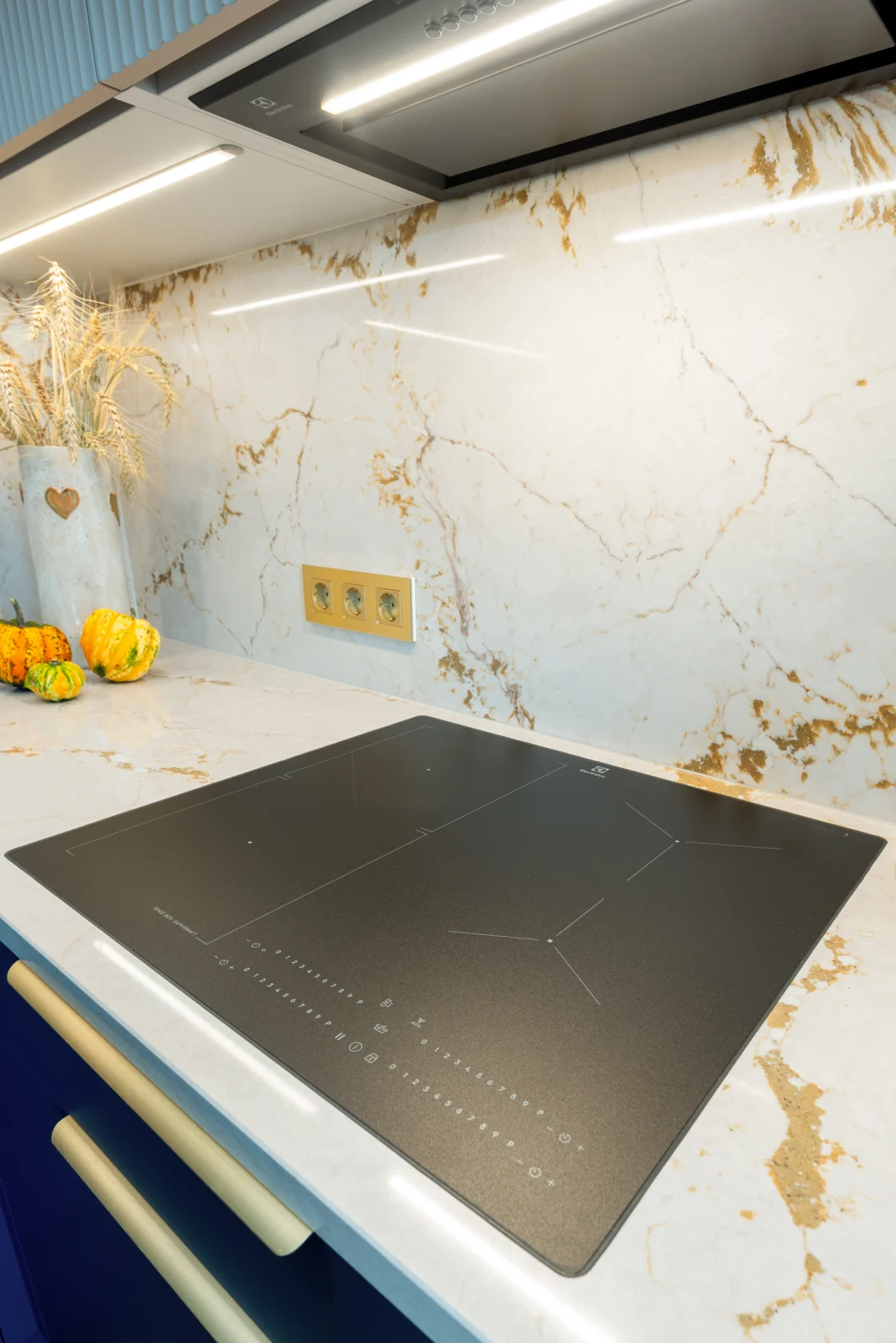 Tumesinine köök flöötuste ja kuldsete detailidega – köögimööbli foto 5